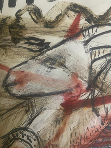 Clara Morera, detail, unique, Chagall like, Superb! El Sikan is mix media on paper, 12" x 24", completed in 2007. Detail