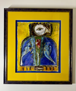 El Santo Pajaro de la Habana Vieja is Mixed Media on heavy paper, measures 14.5" x 12".  The work is framed and the measurements are 22.5" x 20".