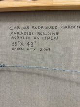Load image into Gallery viewer, Captivating and enigmatic, "Paradise Building " by Cuban artist Carlos Rodriguez Cardenas is a mesmerizing piece of Cuban art. Created in 2007, this acrylic on linen painting measures 33" x 41" and is beautifully framed at 35" x 43". With its abstract composition and vibrant colors, this artwork is sure to captivate and inspire. Don't miss the opportunity to own this stunning piece with an estimated price of $7,500. verso
