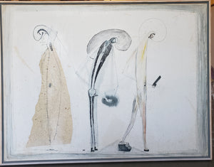 Julio Antonio's masterpiece, "Bodies (Tres Figuras)". This acrylic on canvas painting, measuring 38" x 50" . Framed