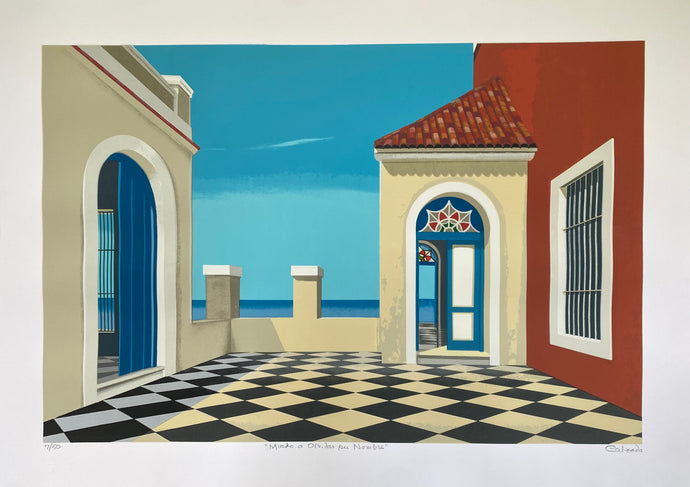 Cuban artist Humberto Calzada. This serigraphy titled “Miedo a Olvidar su Nombre” (Fear of Forgetting his Name) was completed in 2023 and measures 22” x 33”.