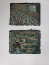 Load image into Gallery viewer, Cuban Artist Alejandro Aguilera - Paisaje Colonial is a new addition to our online gallery.   Master work by Atlanta based Cuban Born Artist  is a diptych.  Two wooden rectangles. One has a blue square on the upper right corner, the other black numbers printed on it. A textured wave runs through both of them.  Work is from 1995. Signed in verso. This very unique work is paint and ink on carved wood. Each rectangular work measures 14&quot; x 26&quot;.
