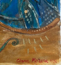 Load image into Gallery viewer, Lower detail. Clara Morera in her unique style. Clara Morera was born on July 21, 1944 in Cuba. She graduated from the San Alejandro Academy with a focus in painting, tapestry, drawing, and multimedia installations. She has exhibited widely.  Santo, Santo, Santo es el Pajaro is Mixed Media on heavy paper, measures 30&quot; x 23&quot;  completed in 2002.
