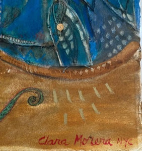 Lower detail. Clara Morera in her unique style. Clara Morera was born on July 21, 1944 in Cuba. She graduated from the San Alejandro Academy with a focus in painting, tapestry, drawing, and multimedia installations. She has exhibited widely.  Santo, Santo, Santo es el Pajaro is Mixed Media on heavy paper, measures 30" x 23"  completed in 2002.